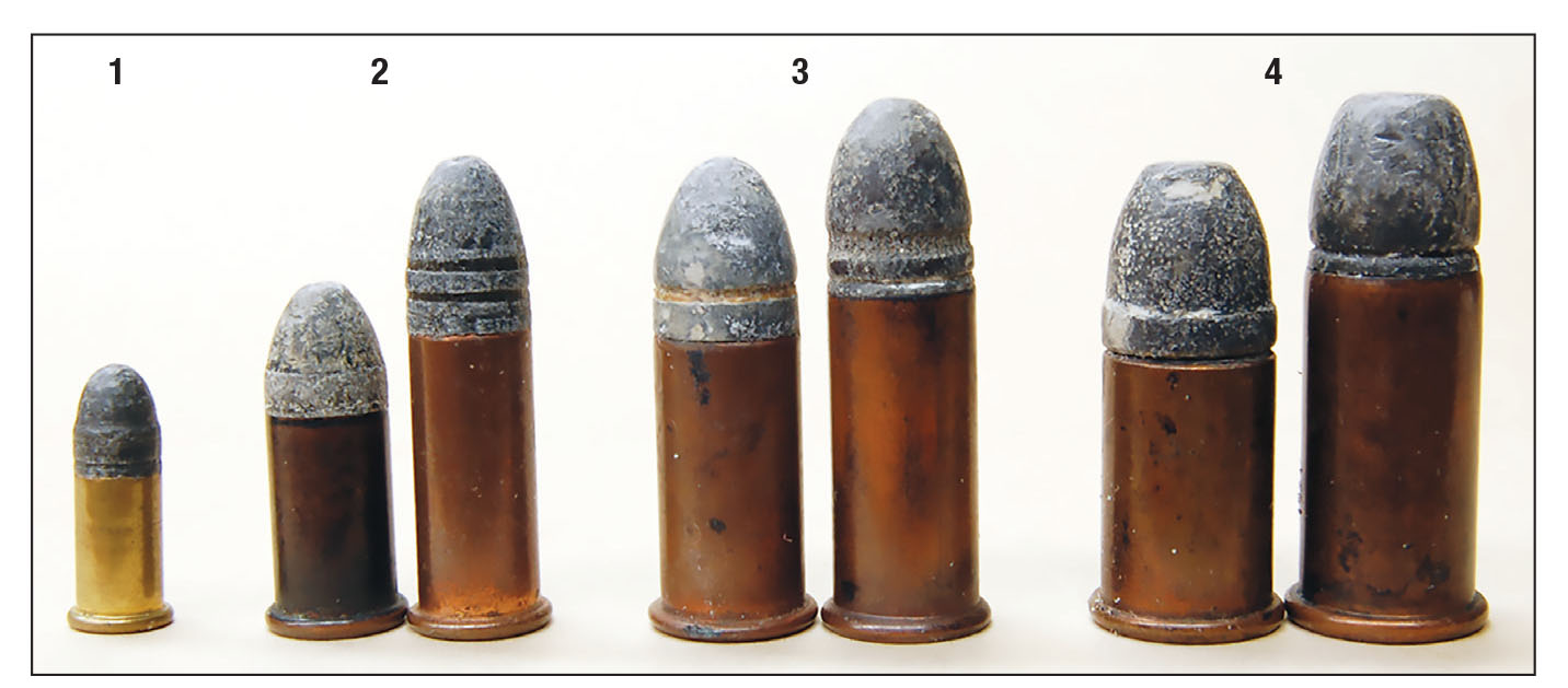 These rimfire cartridges would have been more popular if not prevented from use in other than S&W revolvers by the Rollin White patent mentioned in the column: (1) .22 Short, (2) .32 Short and Long, (3) .44 Short and (4) .44 Henry.